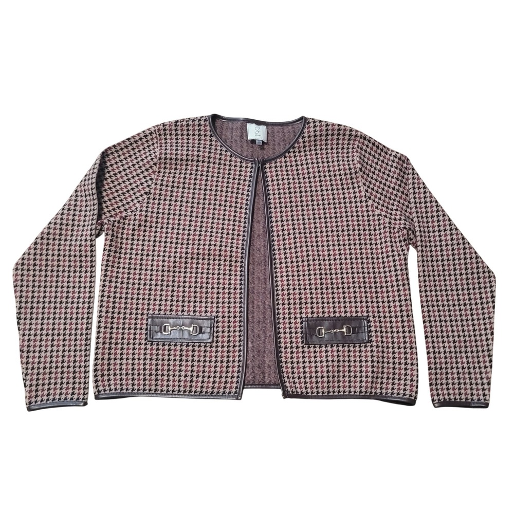 Sioni Houndstooth Cardigan Women XL‎ Brown Burgundy Horsebit Trim Jacket